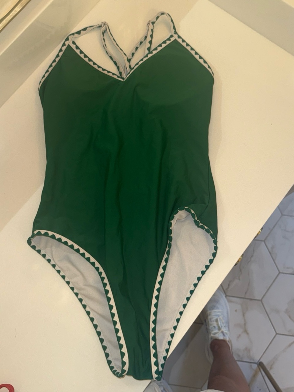 Zaful Dark Green One-Piece Swimsuit with White Trim